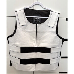 White Bulletproof Style Leather Motorcycle Bikers Vest - Men's Size XL